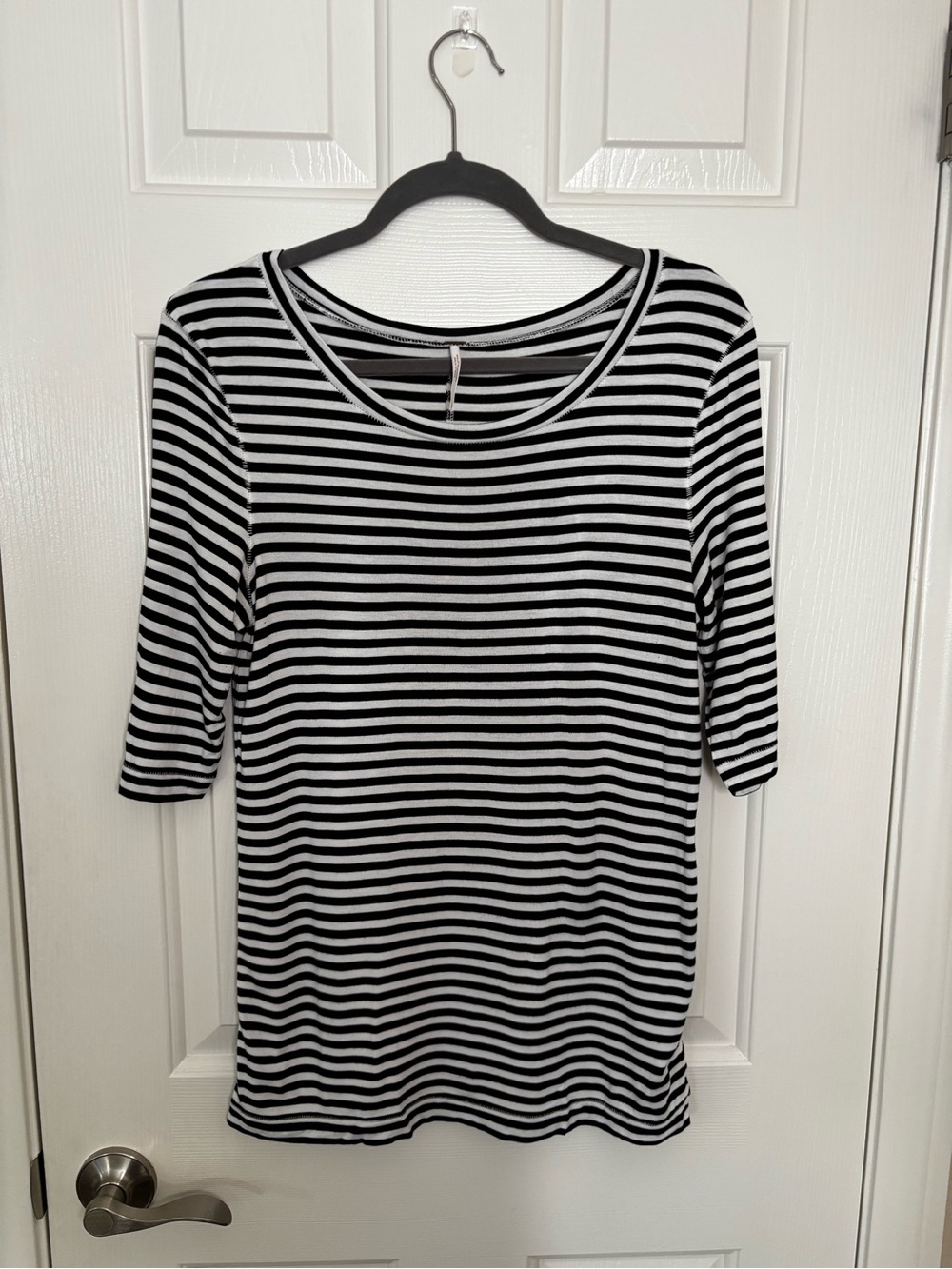 Free People Black and White Striped Quarter Length Sleeve Tee